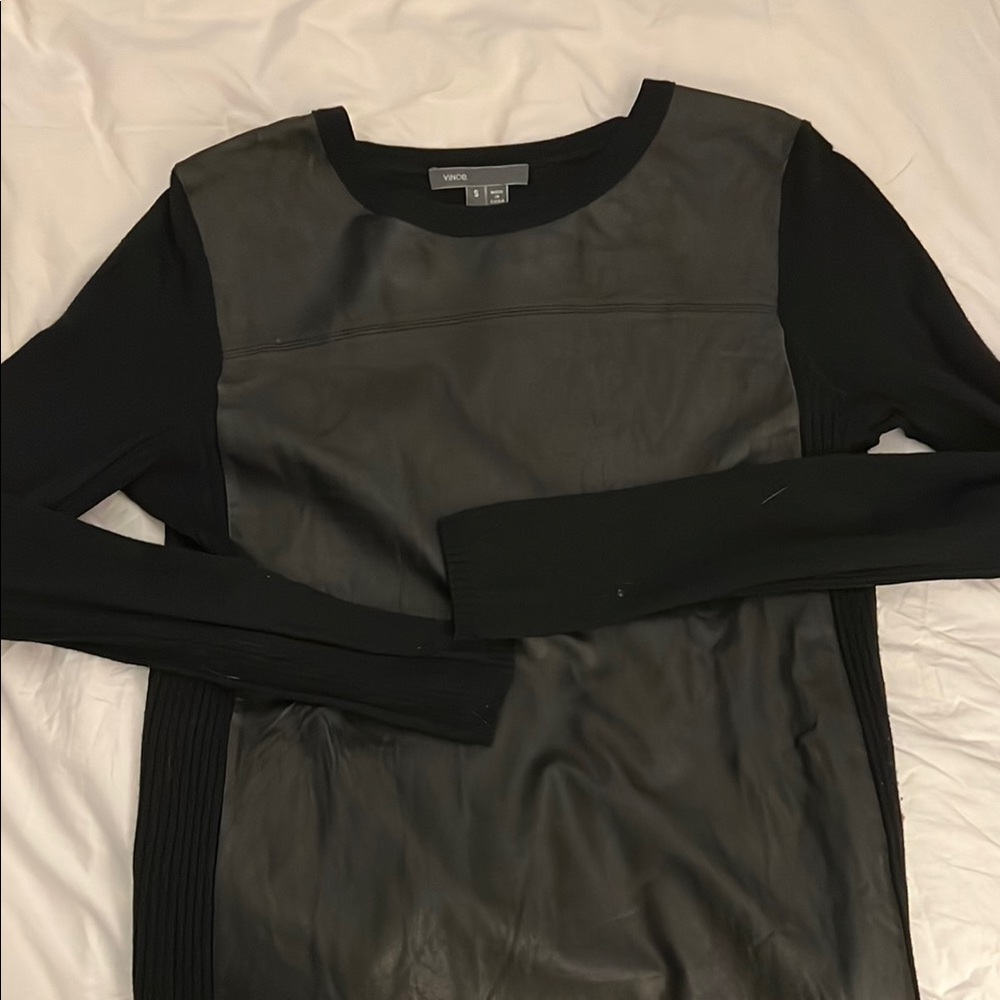 Vince Black Wool and Leather Panel Long Sleeve Top